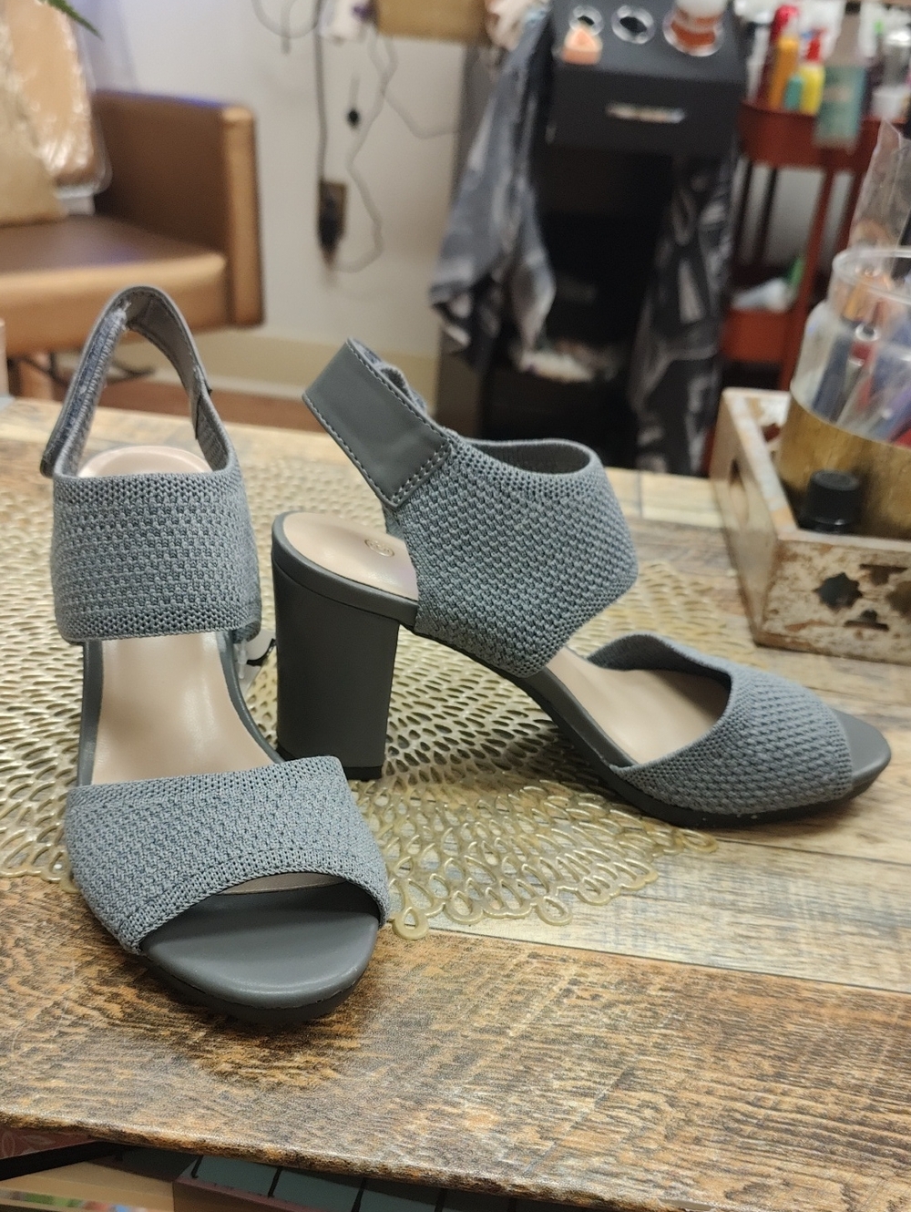 Absolute Comfort, Stretchy Knit Block Heel Slingback Sandals in Gray